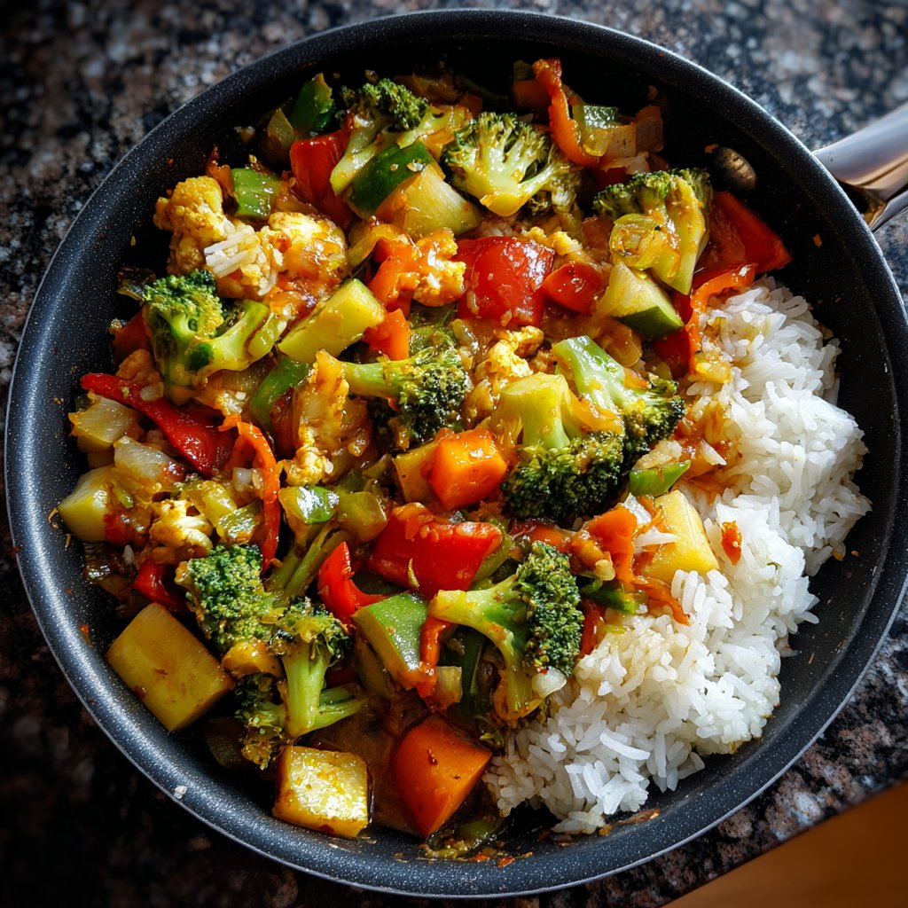 Mittagessen mit Gemüsepfanne und Reis